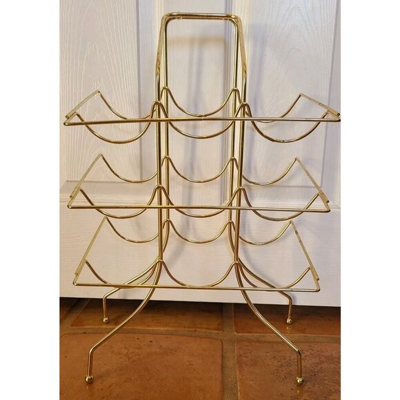 Vintage Gold Brass Wine Rack 9 Bottle Liquor Holder Bar Caddy w Handle MCM Retro - Picture 3 of 12